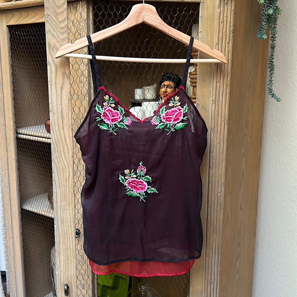 Vintage Jou Jou Journey Embroidered Sheer Camisole Tank Top